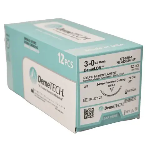 [163024F4P] SUTURA NYLON 3-0 DEMETECH 24 MM 3/8 45 CM PZA DEGASA